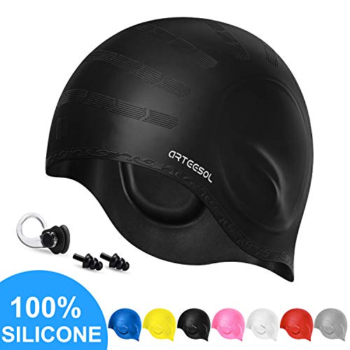 Swim Cap Arteesol Silicone Swimming Caps Waterproof Swimming Hats Bathing Cap with Ear Pockets Ear Plugs and Nose Clip Great Elasticity Keep Hair Dry for Adult Women Men 